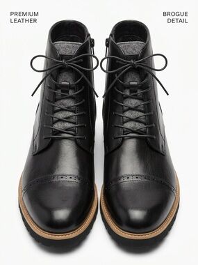 Reaction Kenneth Cole Black Leather Brogue Cap Toe Side Zip Ankle Boots. 10.5M